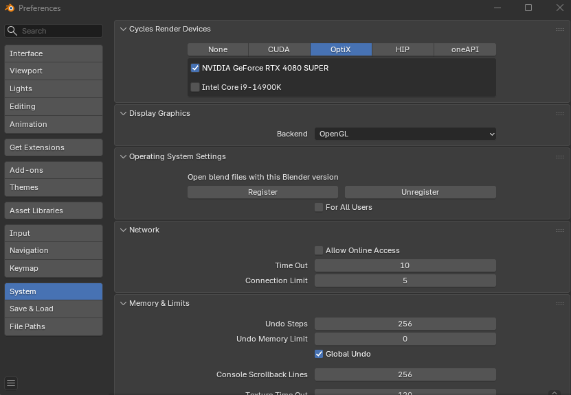 GPU Settings Screenshot. Optix Tab, NVIDIA card, is checked.