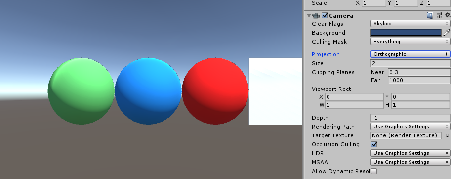 Screenshot of unity scene with orthographic camera
