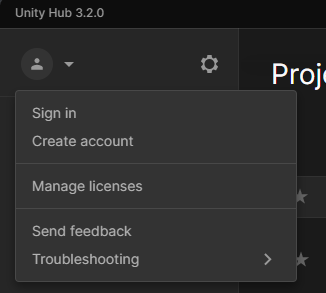 Log into Unity via the user icon menu in the top left.