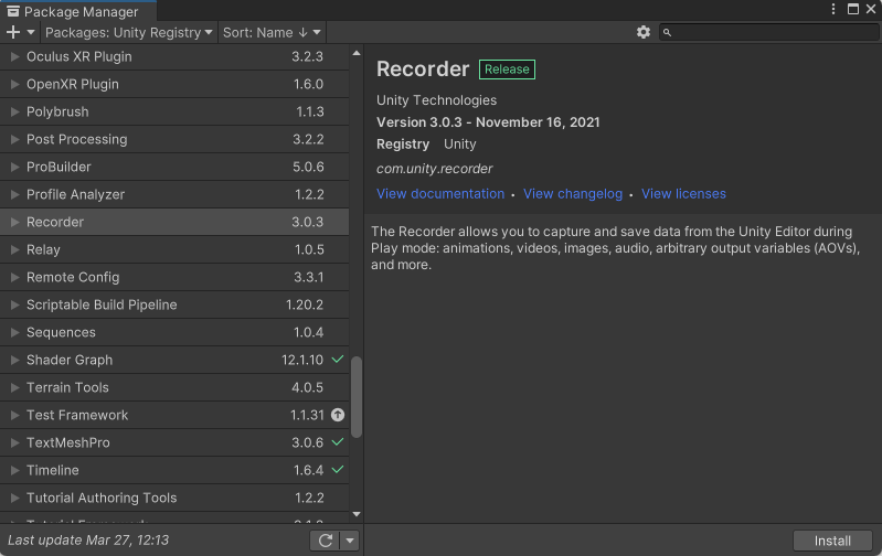 The Recorder package in the package manager