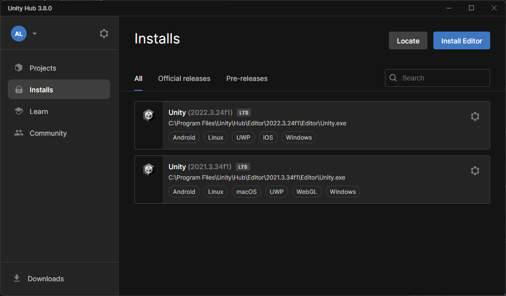 A screenshot of the Installs page of Unity Hub